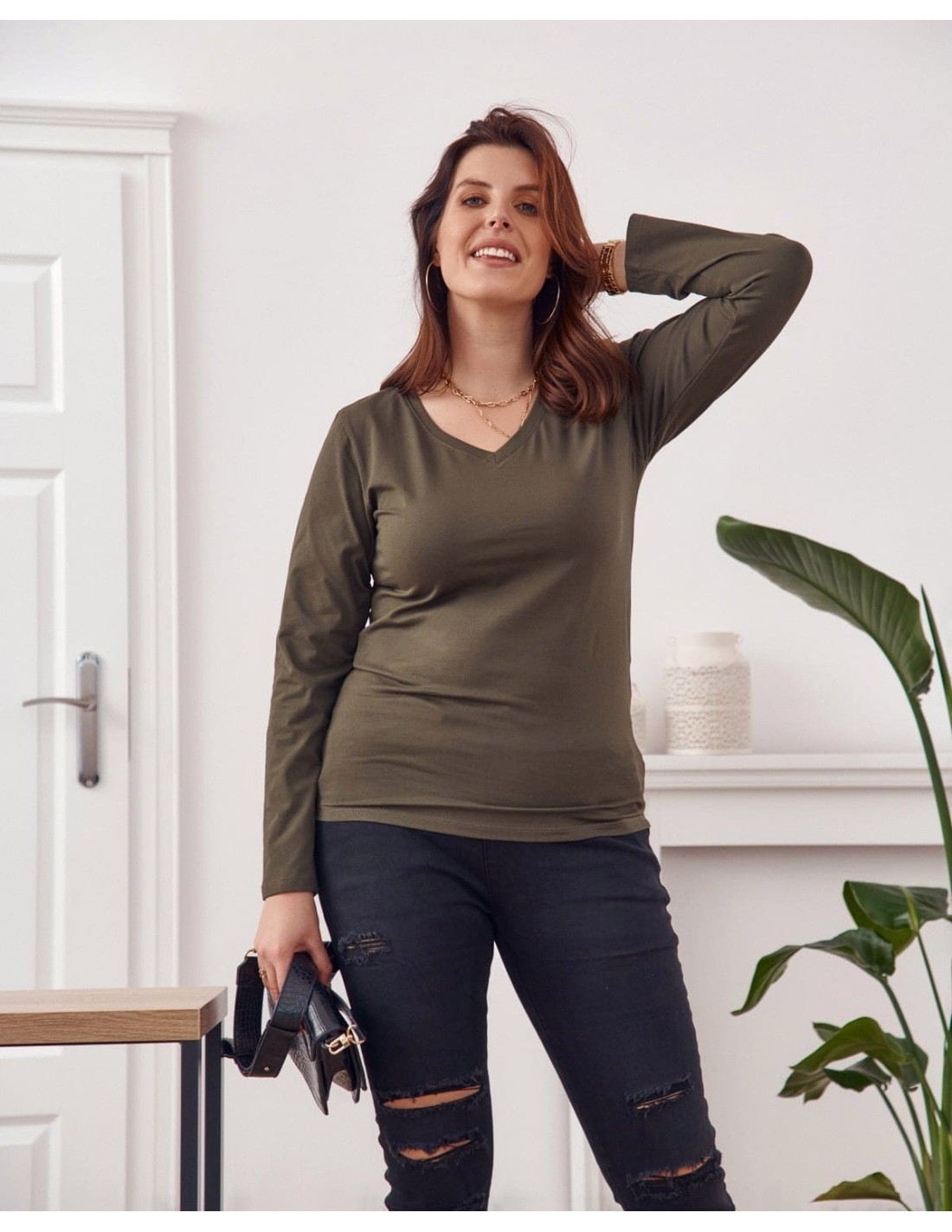 Bluzka z długim rękawem Plus Size khaki FK568  - Sklep internetowy - Butik