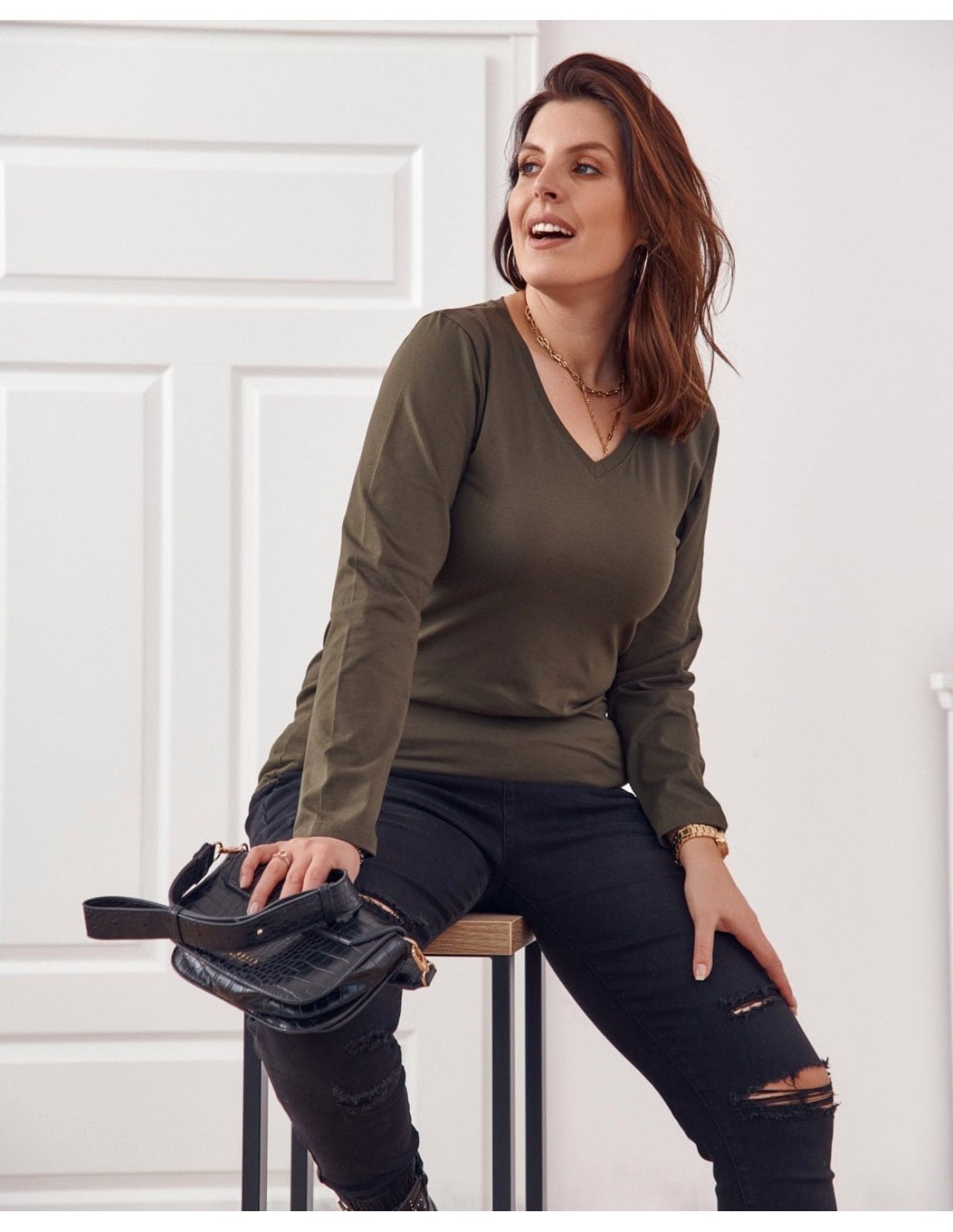 Bluzka z długim rękawem Plus Size khaki FK568  - Sklep internetowy - Butik