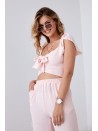 Pudrowy komplet crop top z szerokimi spodniami 8108 - Sklep internetowy - Butik