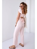 Pudrowy komplet crop top z szerokimi spodniami 8108 - Sklep internetowy - Butik