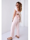 Pudrowy komplet crop top z szerokimi spodniami 8108 - Sklep internetowy - Butik