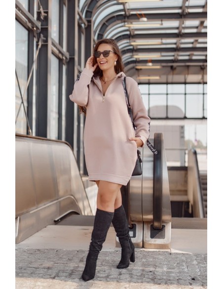 Plus Size ocieplana tunika z kapturem cappuccino FI586 - Sklep internetowy - Butik