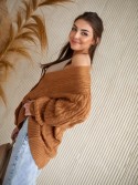 Oversizowy sweter rozpinany z warkoczem karmelowy 0587 - Sklep internetowy - Butik