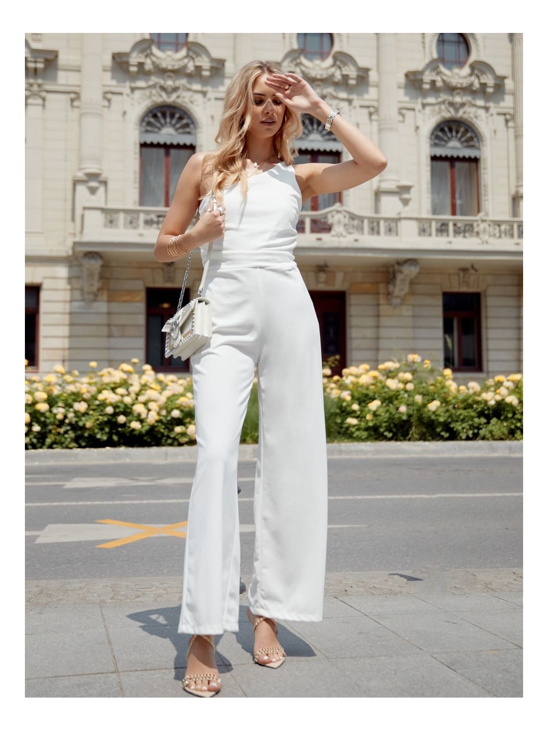 Elegant one-shoulder jumpsuit with wide legs ekri 23560 - Online store - Boutique