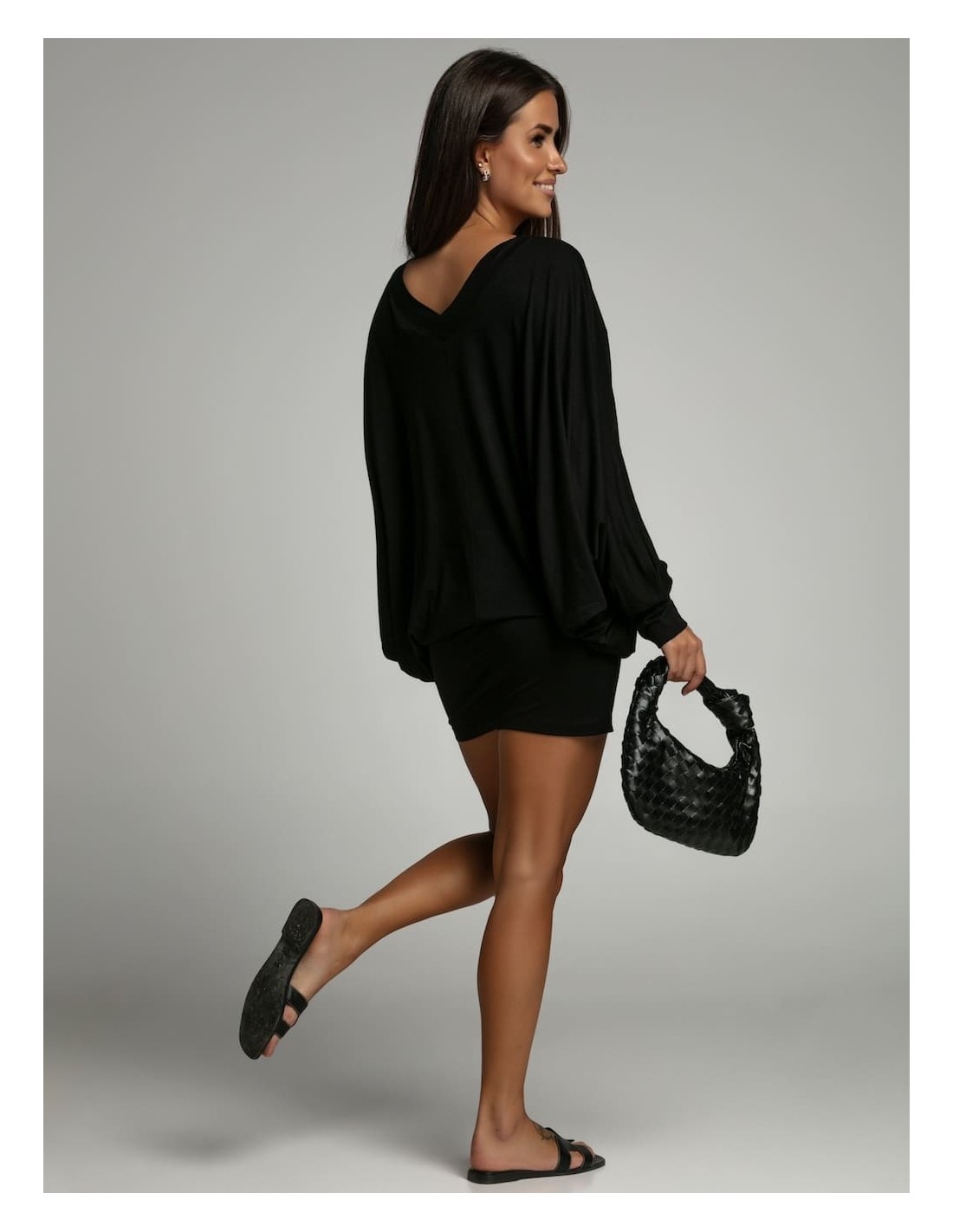 Multifunctional dress/tunic/blouse with batwing sleeves 3 in 1 black FG632