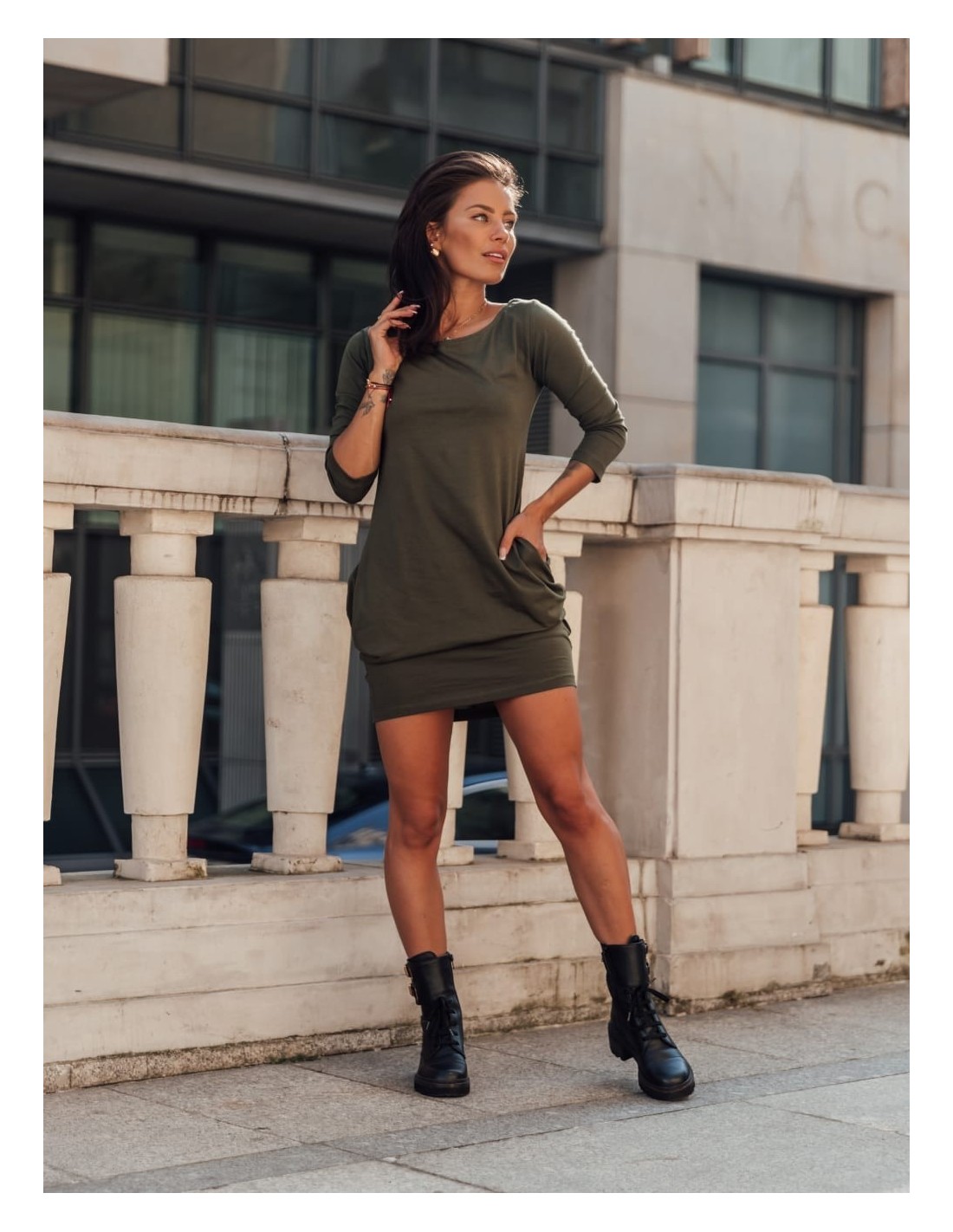 Casualowa sukienka bombka khaki 9988 - Sklep internetowy - Butik