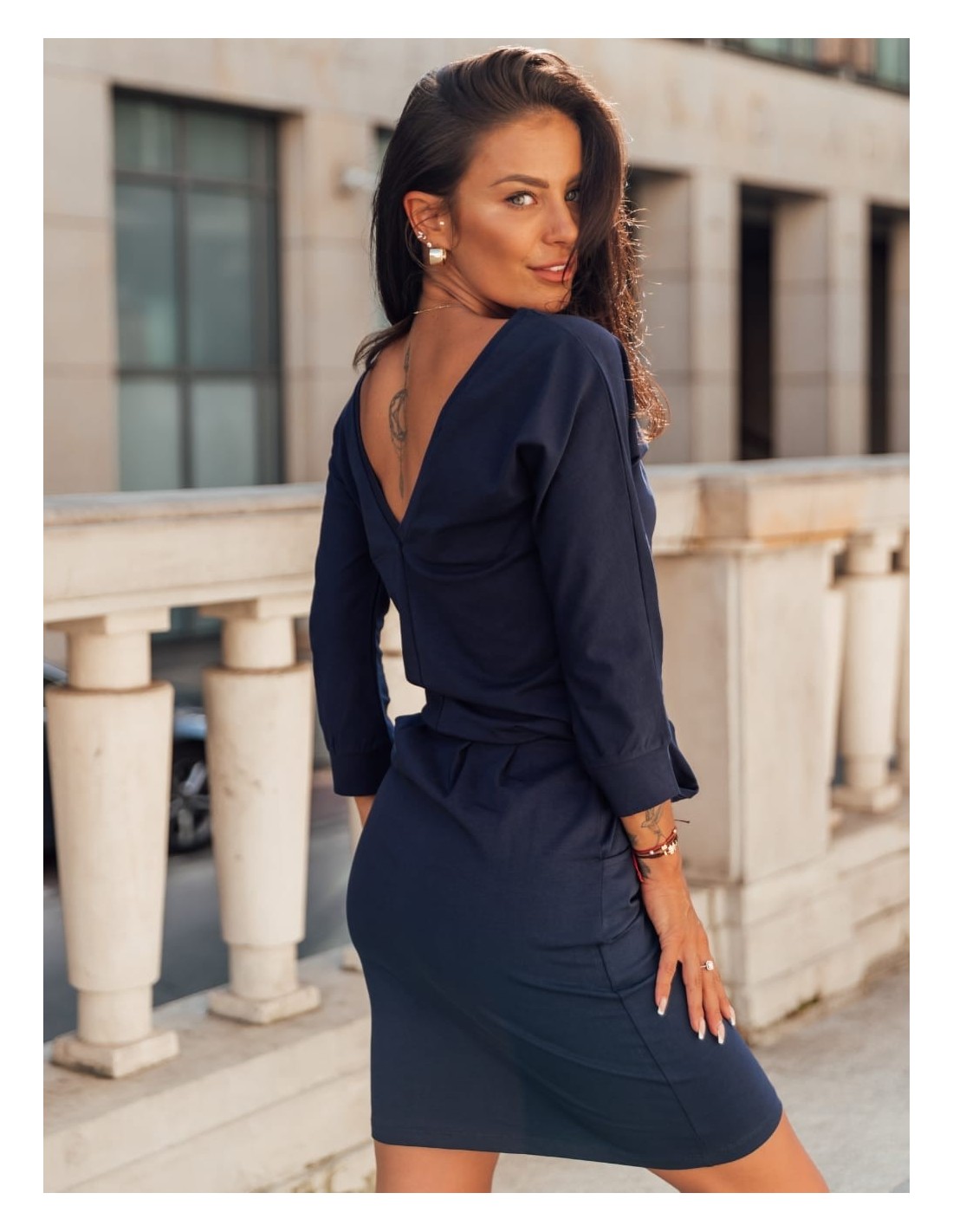 Navy Blue Dress Tied at the Waist 9729 - Online store - Boutique