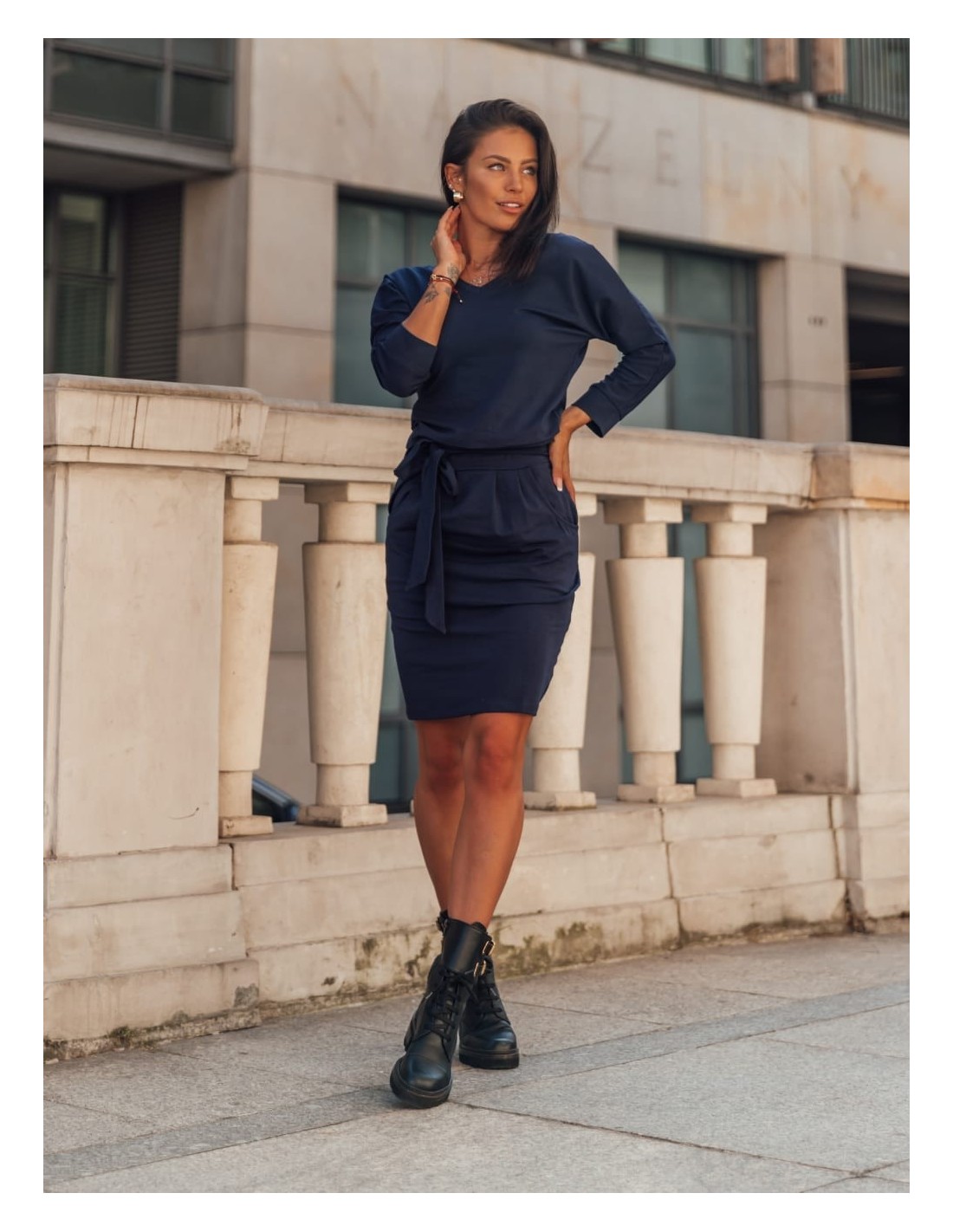 Navy Blue Dress Tied at the Waist 9729 - Online store - Boutique