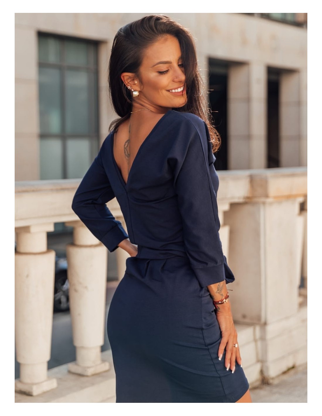 Navy Blue Dress Tied at the Waist 9729 - Online store - Boutique