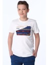 T-shirt chłopięcy z haftowaną aplikacją kremowy NDZ47002 - Sklep internetowy - Butik