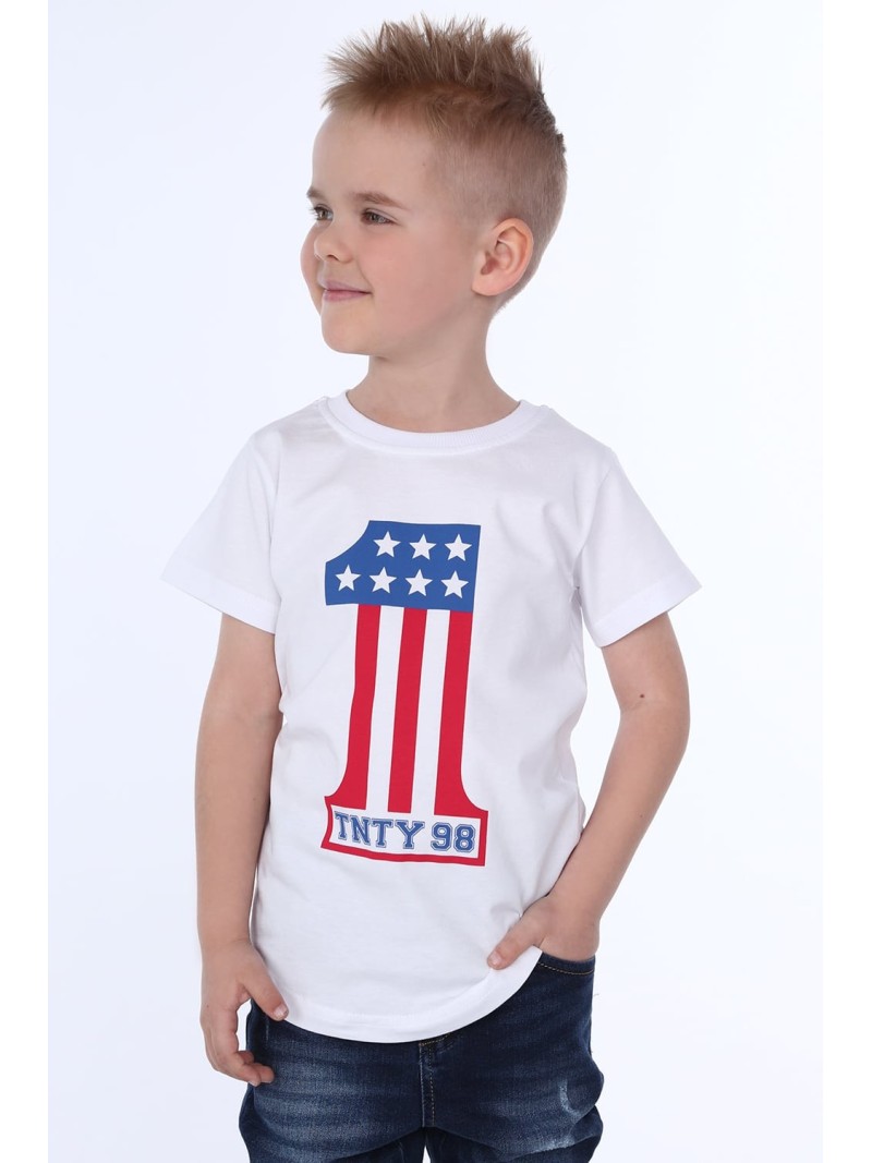 T-shirt chłopięcy z aplikacją biały NDZ4450 - Sklep internetowy - Butik