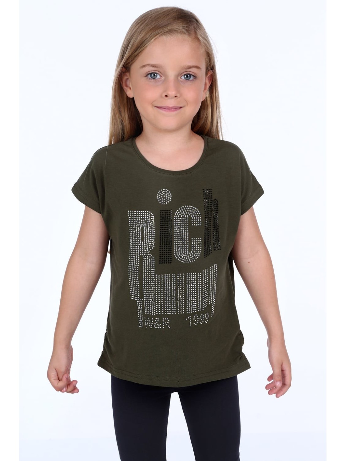 T-shirt z mieniącą aplikacją khaki NDZ8490 - Sklep internetowy - Butik