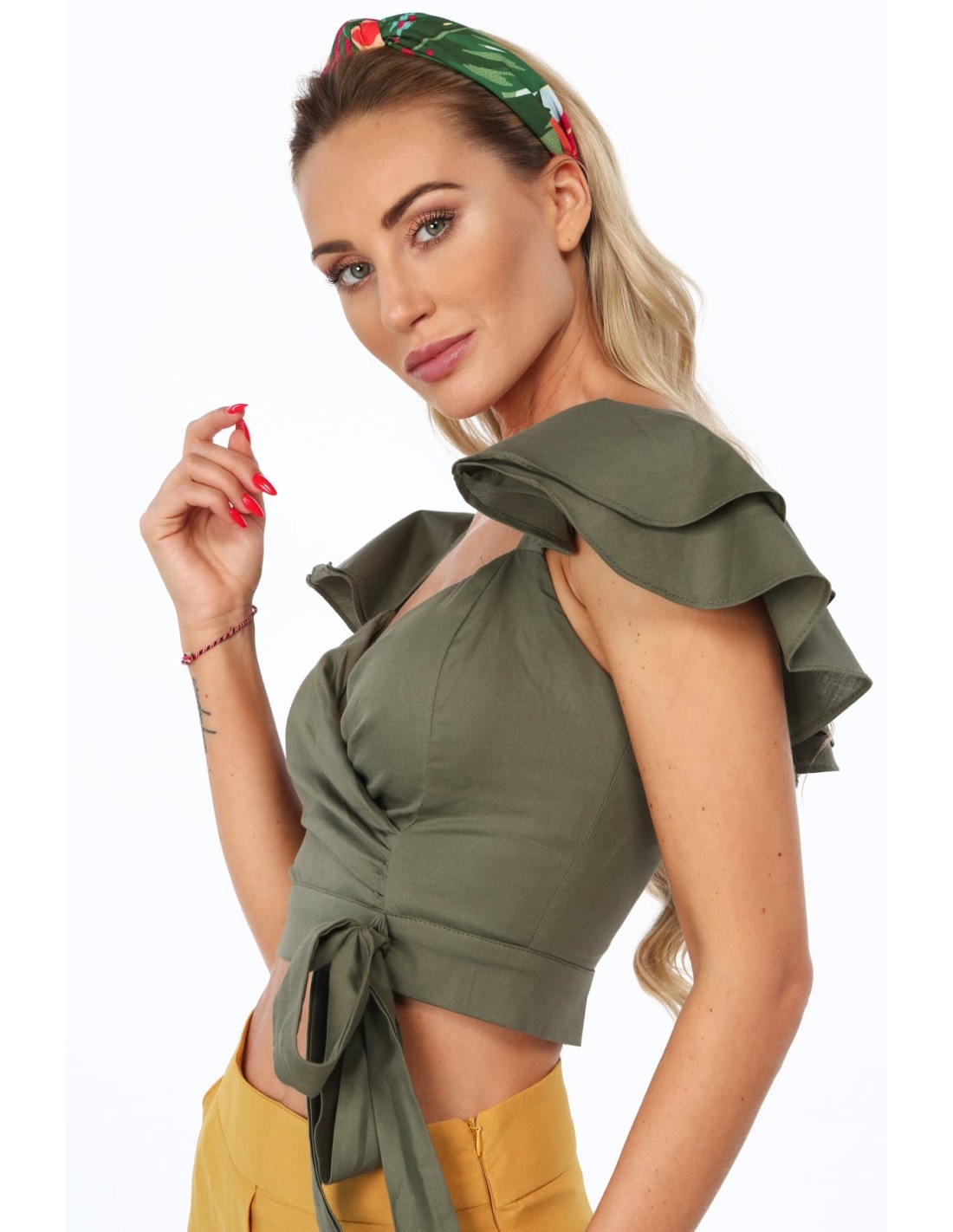 Khaki bluzka z falbaną na ramionach 97300 - Sklep internetowy - Butik